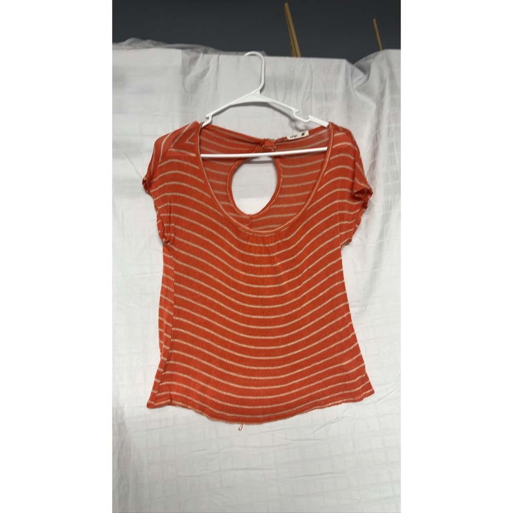 Womens Orange Striped Cutout Back Knit Short Sleeve Shirt pit to pit 15